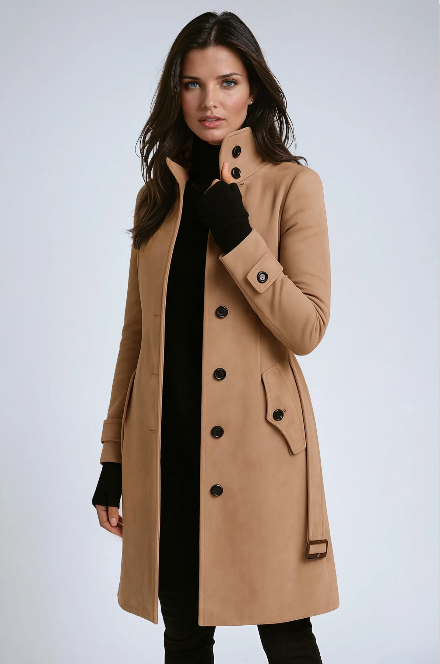 Classic women's wool trench coat with a longline winter silhouette
