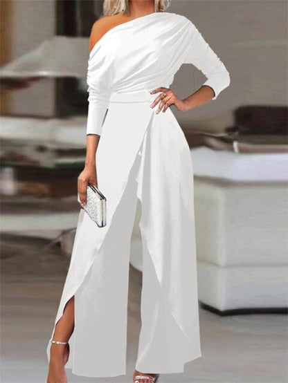 Women's linen one-shoulder cinched wide-leg jumpsuit