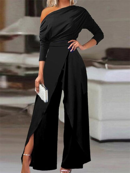 Linen One-Shoulder Jumpsuit | Cinched Wide Leg