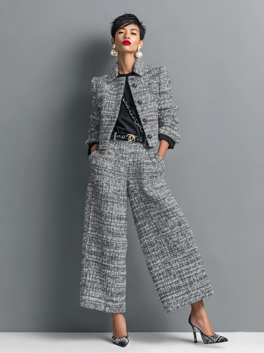 Women's tailored two-piece jacket and trouser set in black