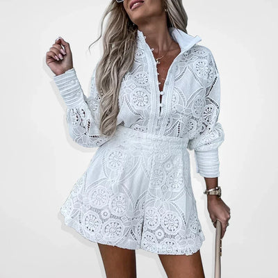 Lace Set | Long-Sleeve Top & Shorts Two-Piece