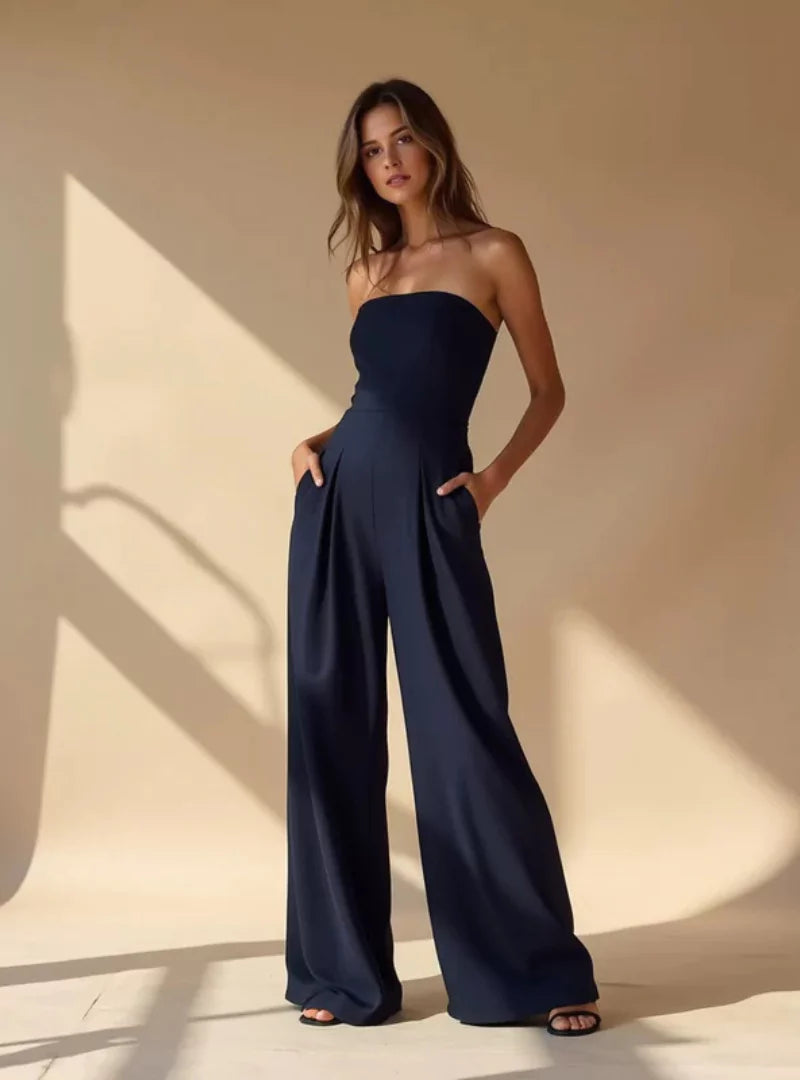 Women's strapless wide-leg linen jumpsuit