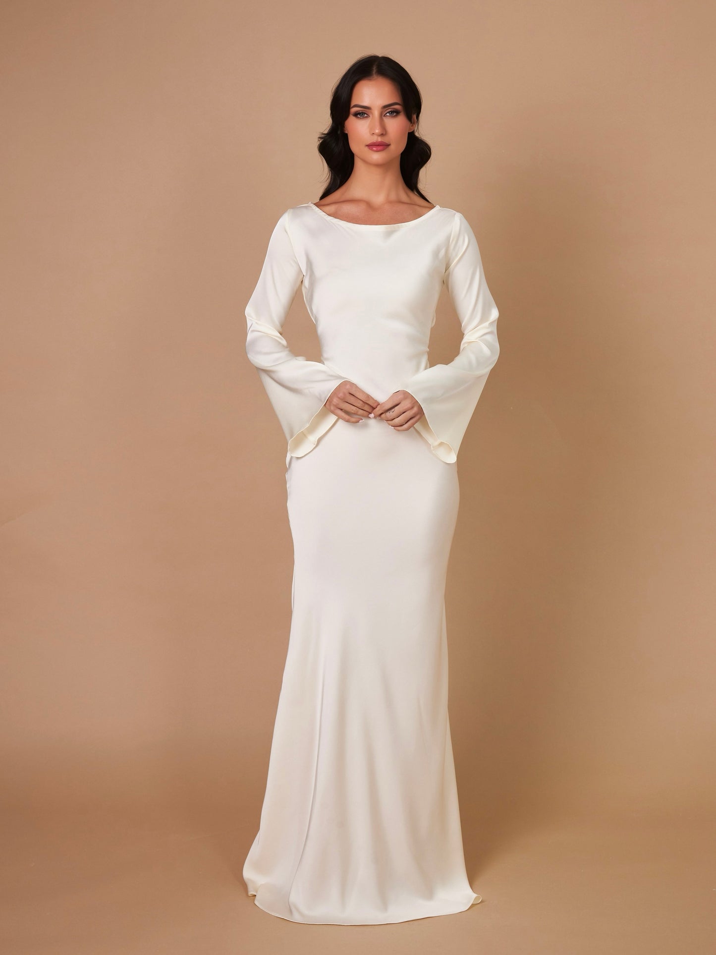 Long-Sleeve Satin Empire Maxi Dress