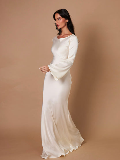 Long-Sleeve Satin Empire Maxi Dress