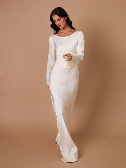 Long-Sleeve Satin Empire Maxi Dress