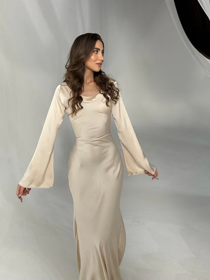 Long-Sleeve Satin Empire Maxi Dress