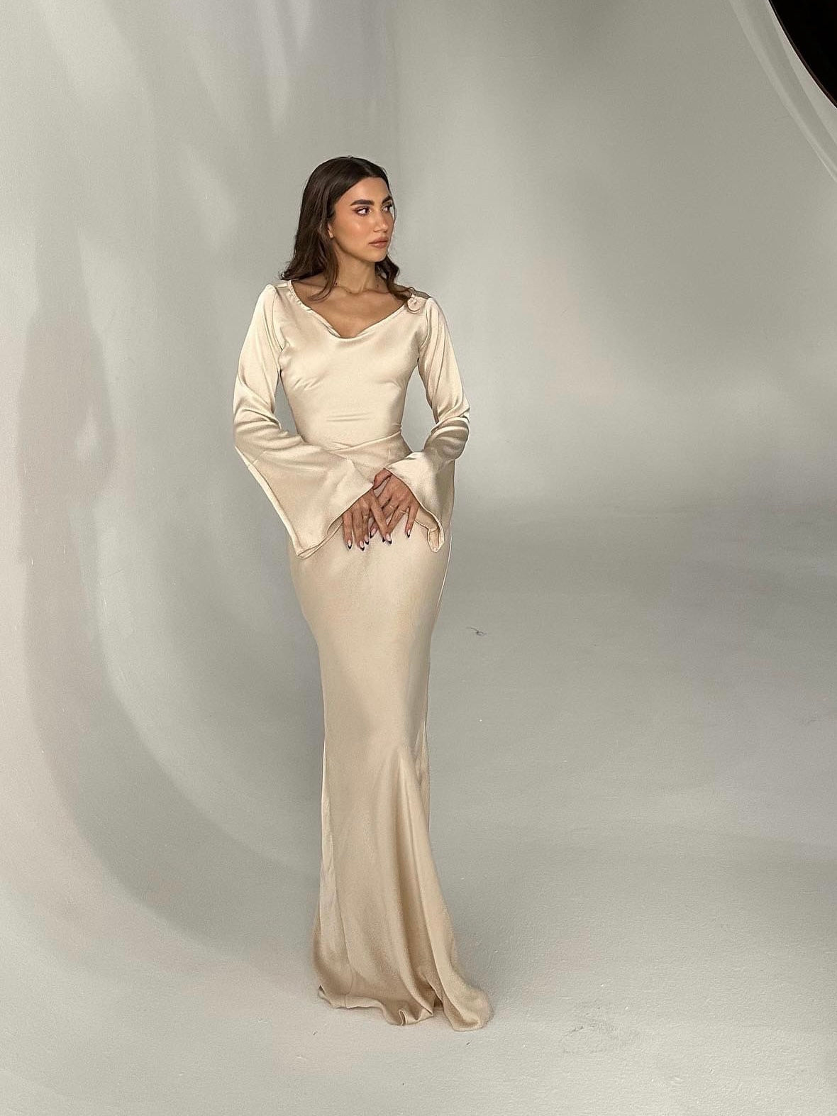 Long-Sleeve Satin Empire Maxi Dress