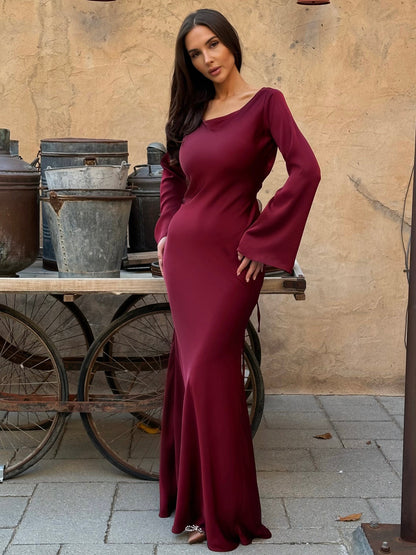 Long-Sleeve Satin Empire Maxi Dress