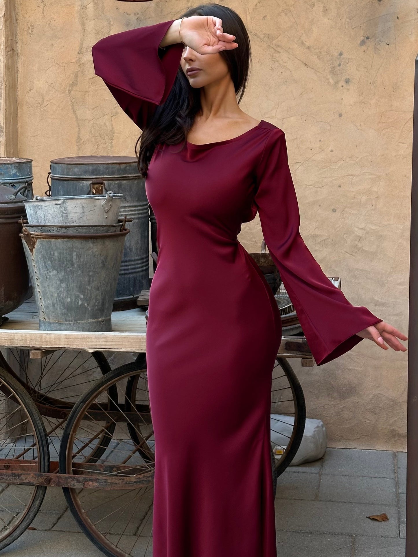 Long-Sleeve Satin Empire Maxi Dress