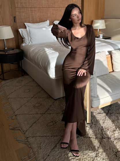 Long-Sleeve Satin Empire Maxi Dress