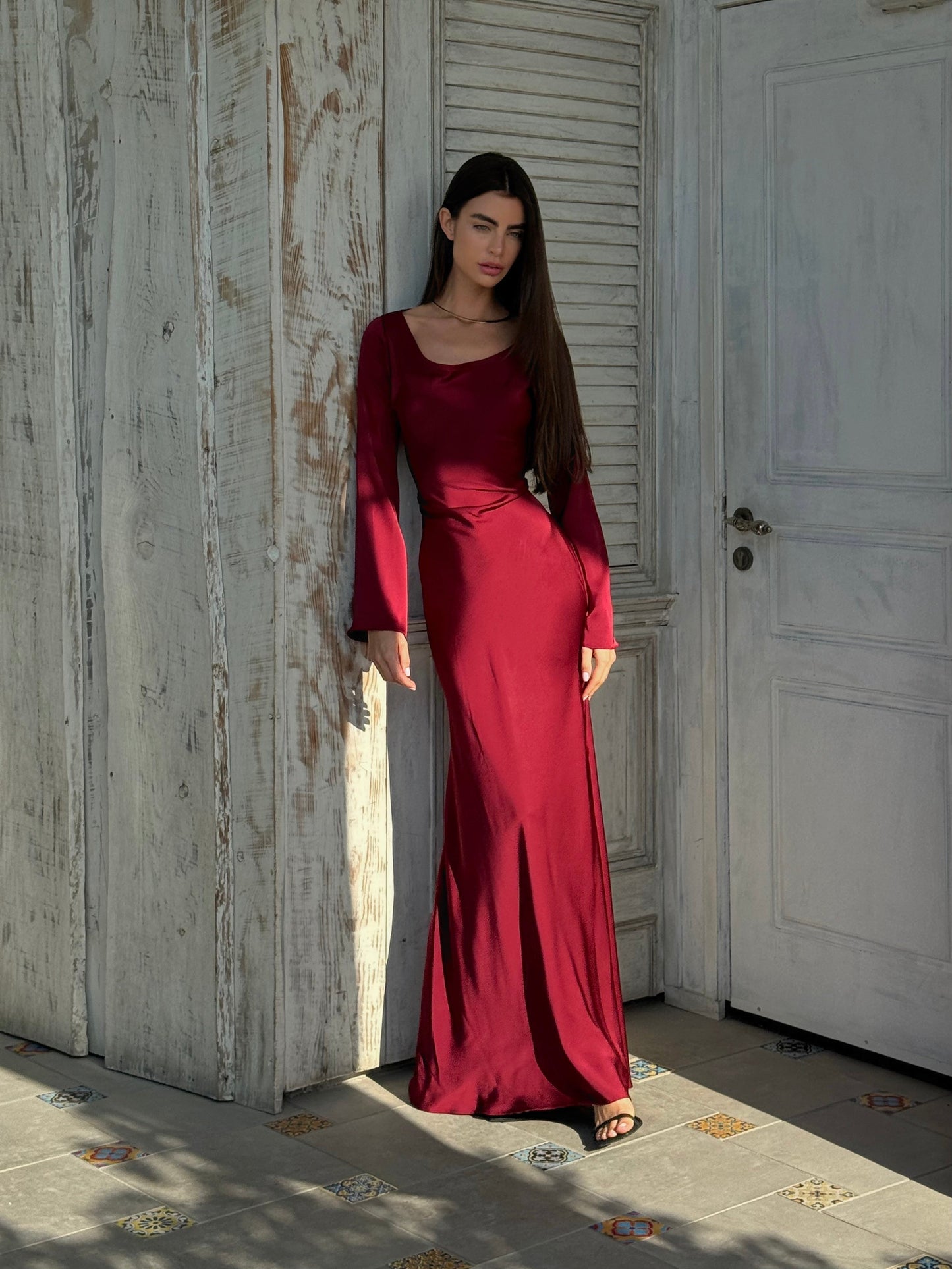 Long-Sleeve Satin Empire Maxi Dress