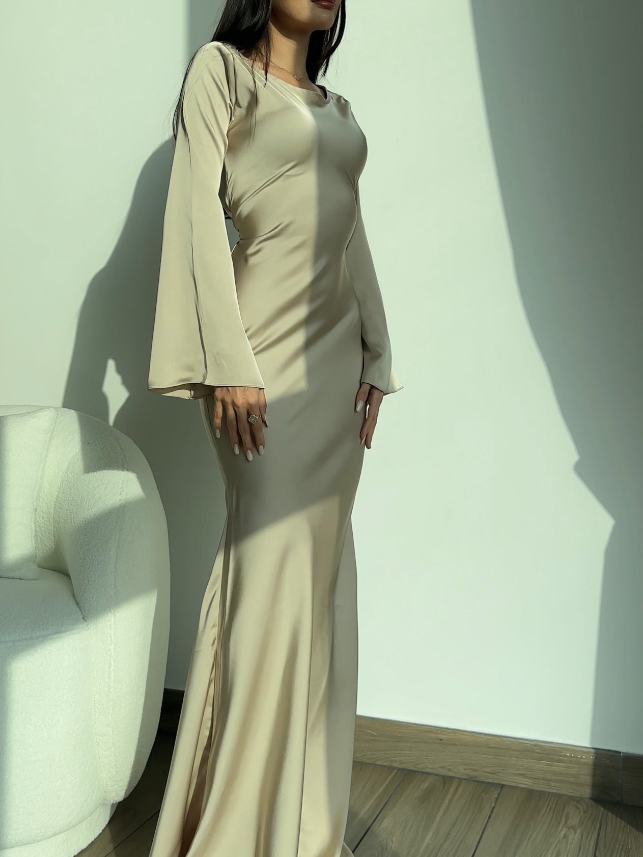 Long-Sleeve Satin Empire Maxi Dress