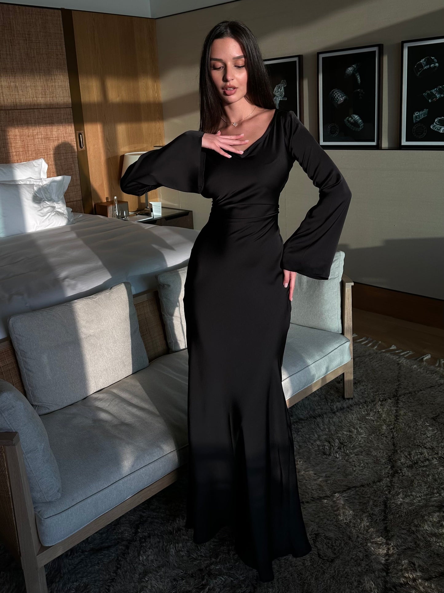Long-Sleeve Satin Empire Maxi Dress
