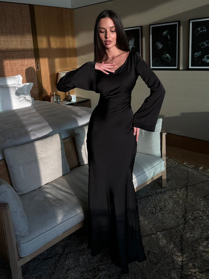 Long-Sleeve Satin Empire Maxi Dress