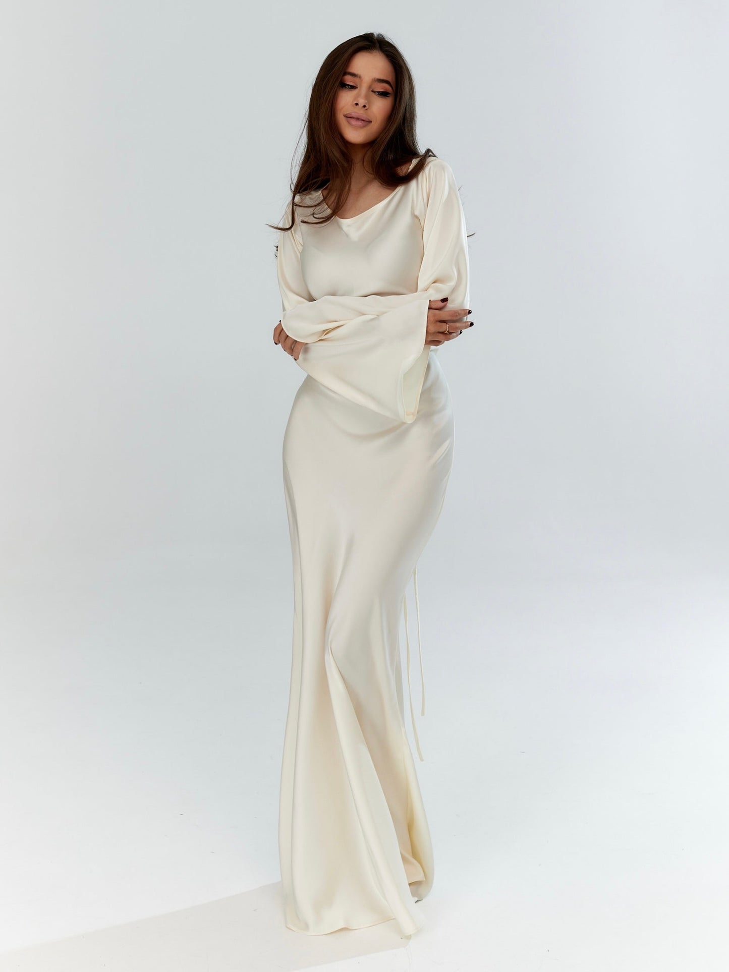 Long-Sleeve Satin Empire Maxi Dress