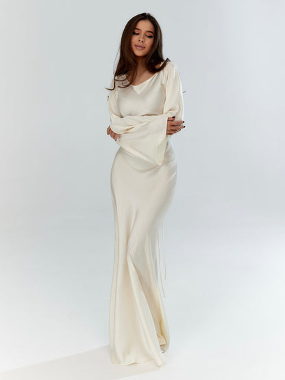Long-Sleeve Satin Empire Maxi Dress