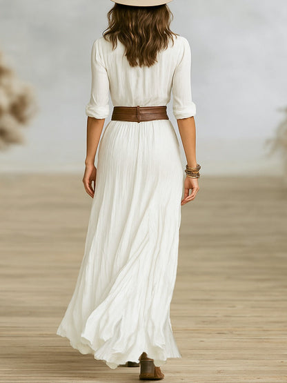 Women's Dress | Long Belted Pleated-Lapel Dress