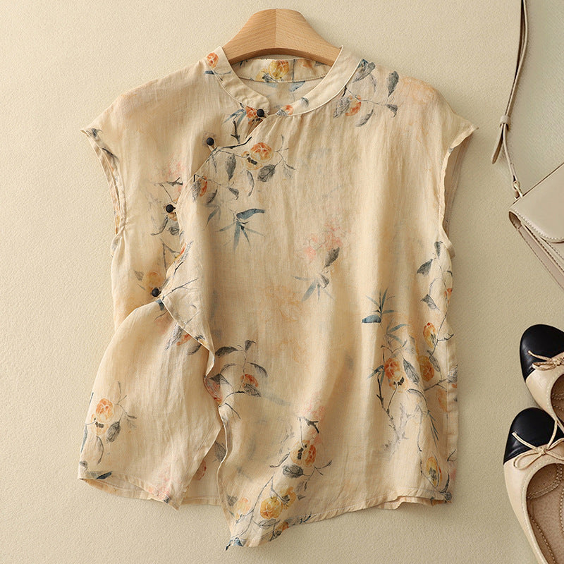 Women's sleeveless floral mandarin collar top
