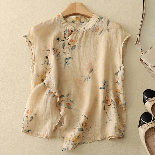 Women's sleeveless floral mandarin collar top