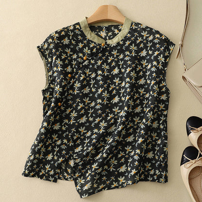 Sleeveless Floral Top | Mandarin Collar Summer Top