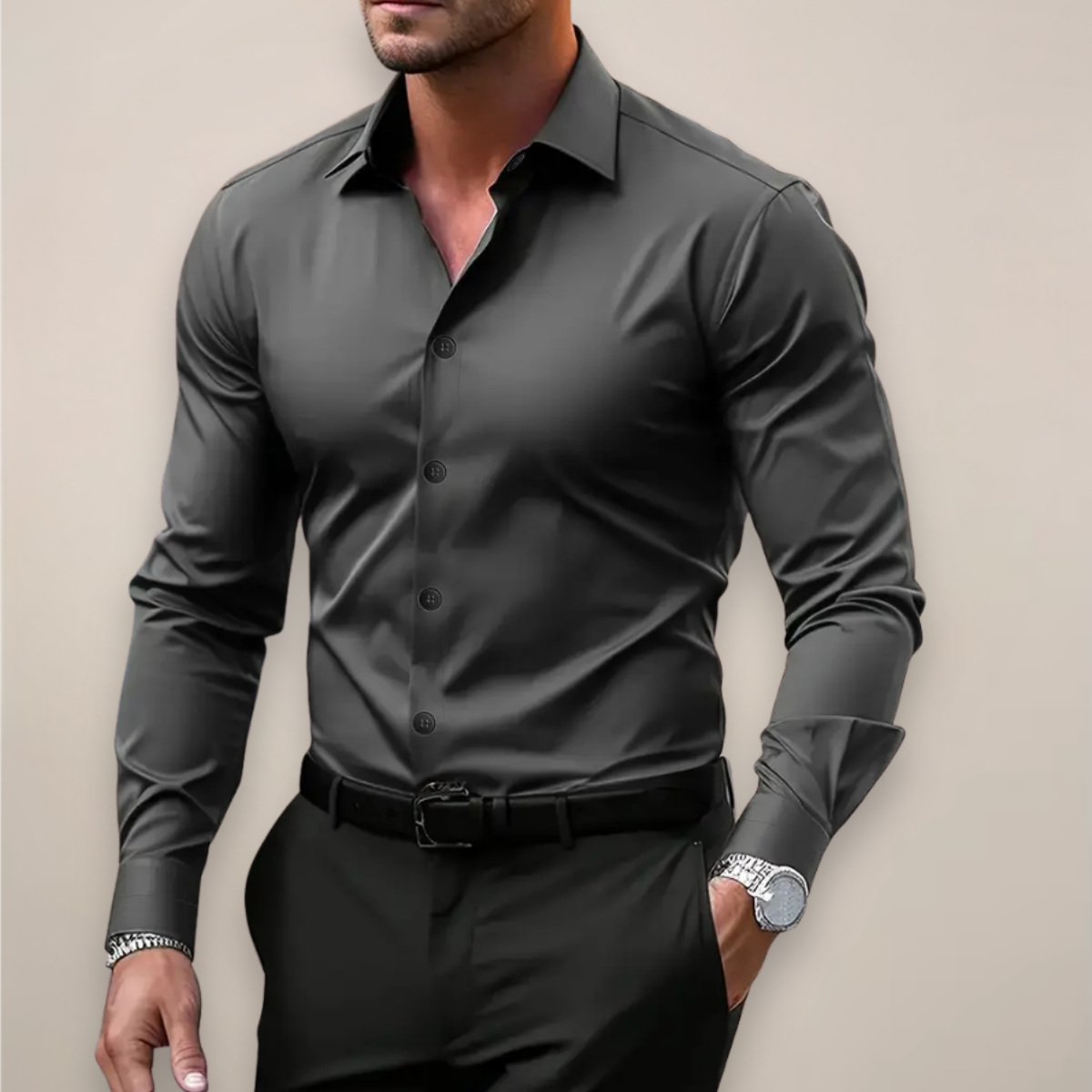 Men's slim-fit long-sleeve casual shirt in dark grey