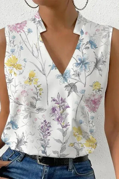 Women's linen V-neck sleeveless blouse in floral print
