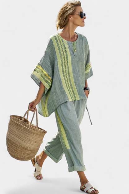 Linen Set | Lavender Top & Striped Trousers