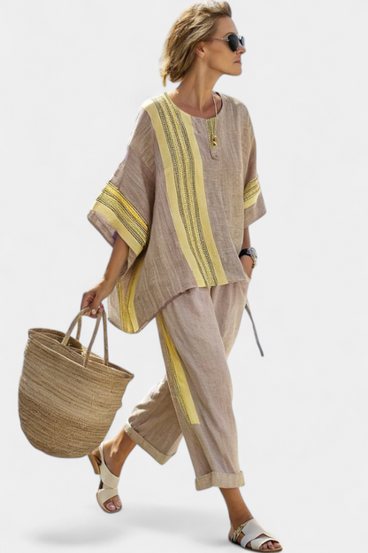 Linen Set | Lavender Top & Striped Trousers