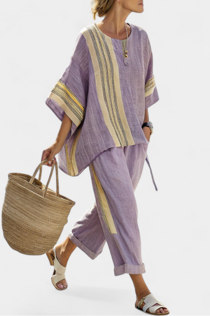 Linen Set | Lavender Top & Striped Trousers