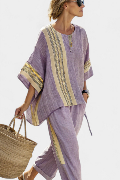 Linen Set | Lavender Top & Striped Trousers