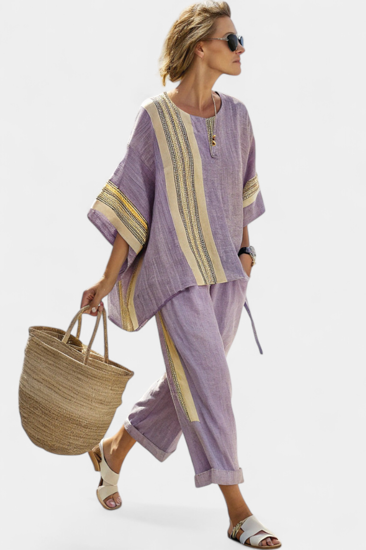 Linen Set | Lavender Top & Striped Trousers