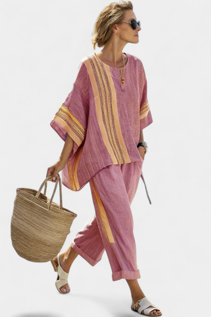 Linen Set | Lavender Top & Striped Trousers