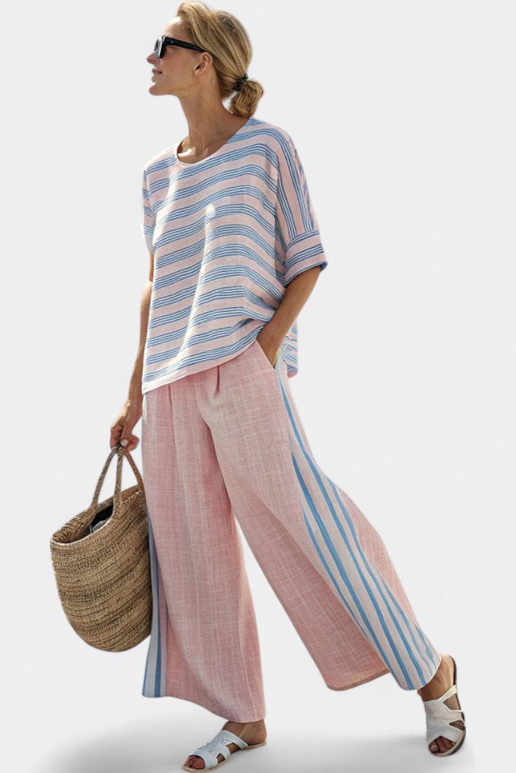 Women's linen striped blouse and soft trousers set