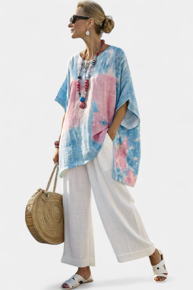 Women's linen relaxed top and striped trousers set