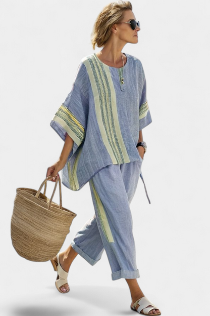 Linen Set | Lavender Top & Striped Trousers