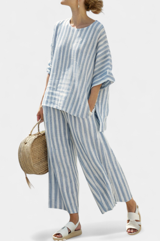 Women's linen blue striped top and relaxed trousers set