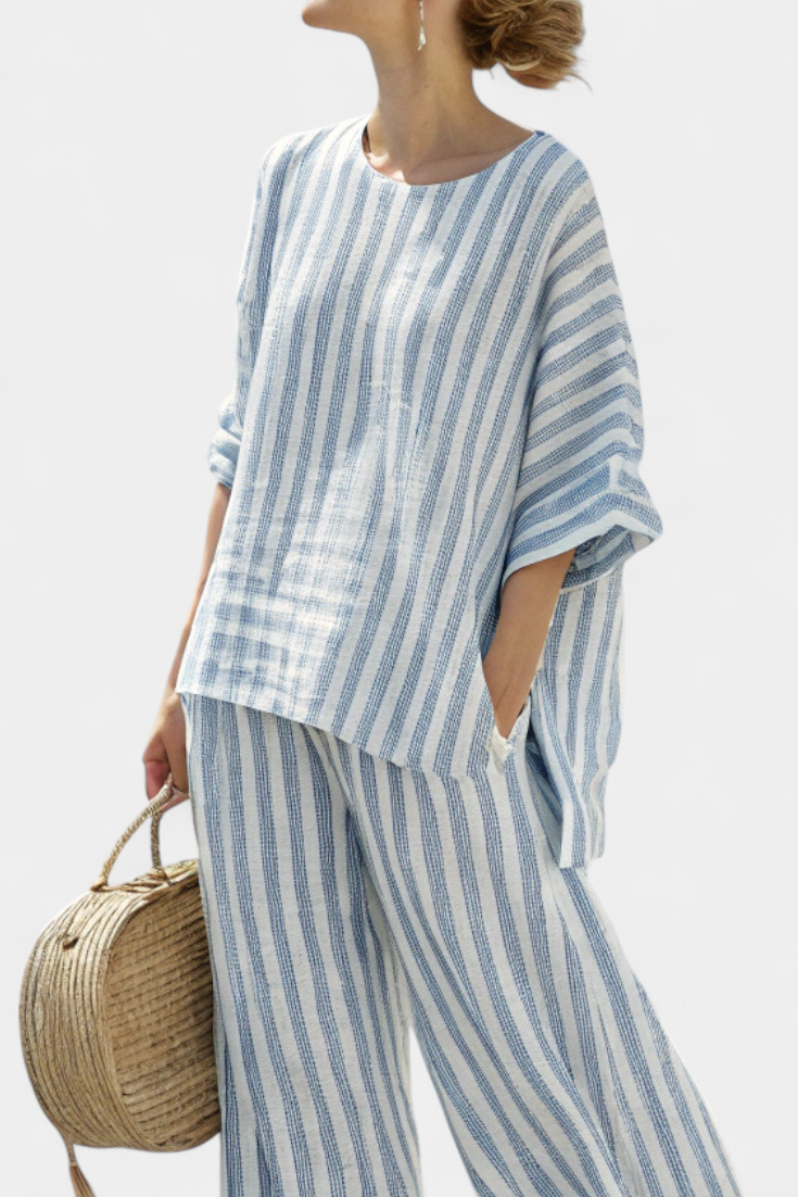 Linen Set | Blue Striped Top & Relaxed Trousers
