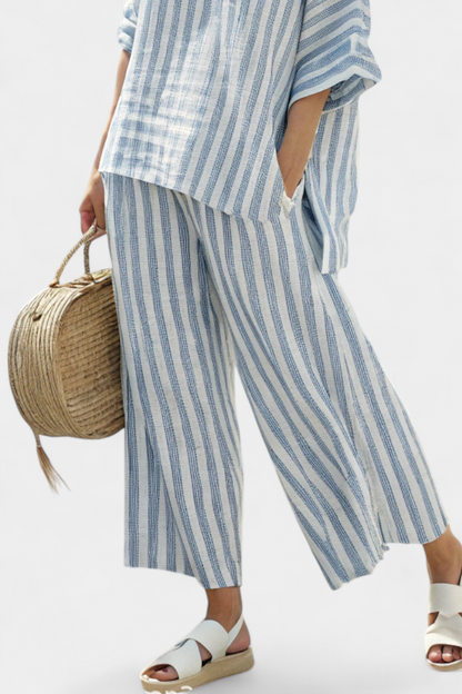 Linen Set | Blue Striped Top & Relaxed Trousers