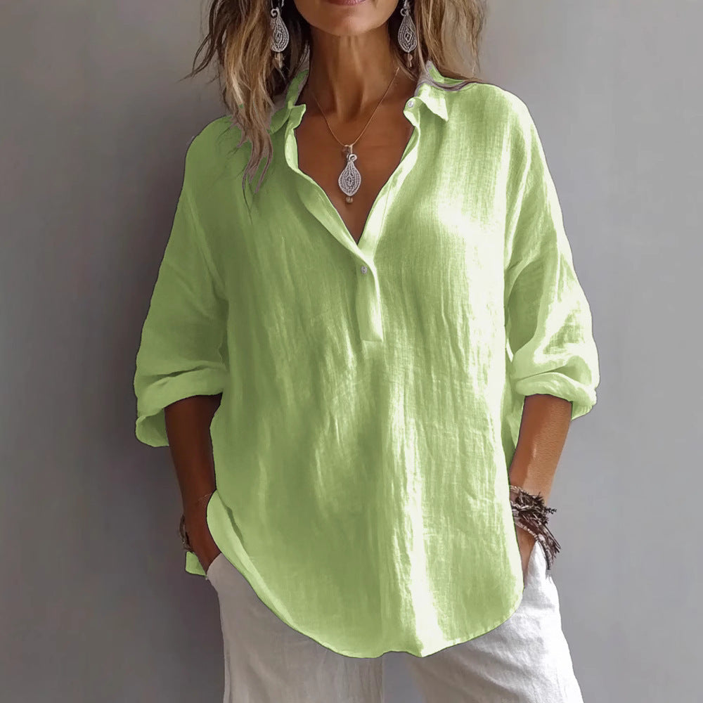 Women's linen shirt with button placket and wide sleeves