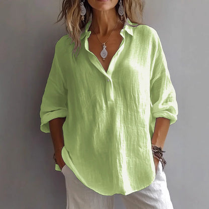 Women's linen shirt with button placket and wide sleeves