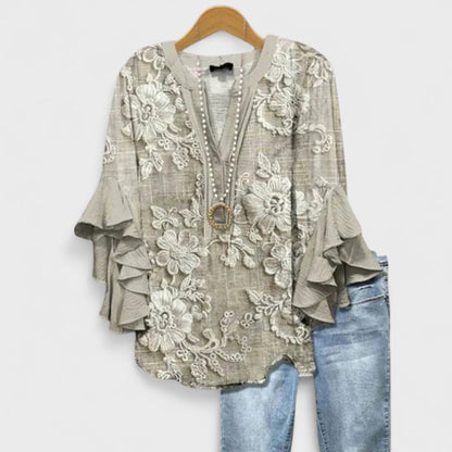 Blouse | V-Neck Ruffle Sleeve Printed Top