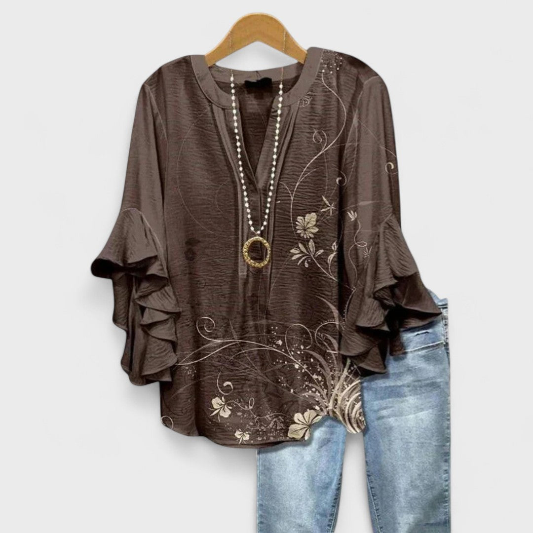 Blouse | V-Neck Ruffle Sleeve Printed Top