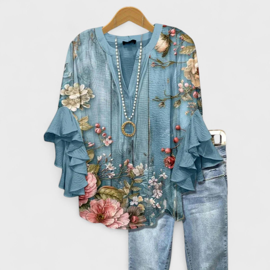 Blouse | V-Neck Ruffle Sleeve Printed Top