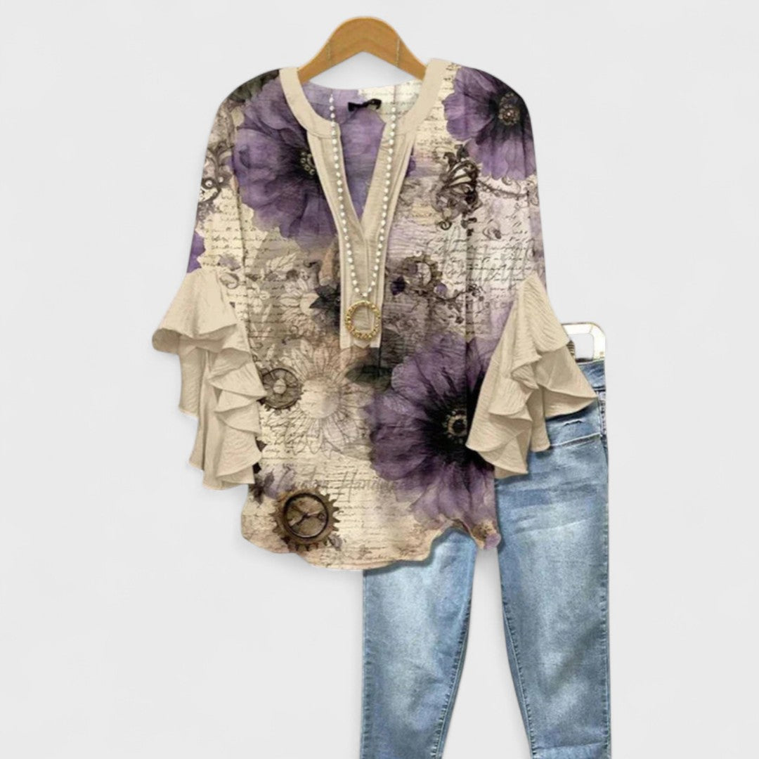 Blouse | V-Neck Ruffle Sleeve Printed Top