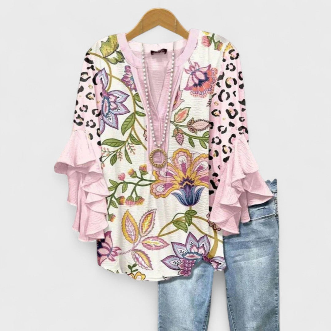 Blouse | V-Neck Ruffle Sleeve Printed Top