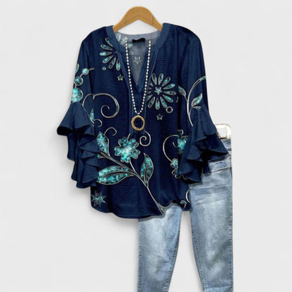 Blouse | V-Neck Ruffle Sleeve Printed Top