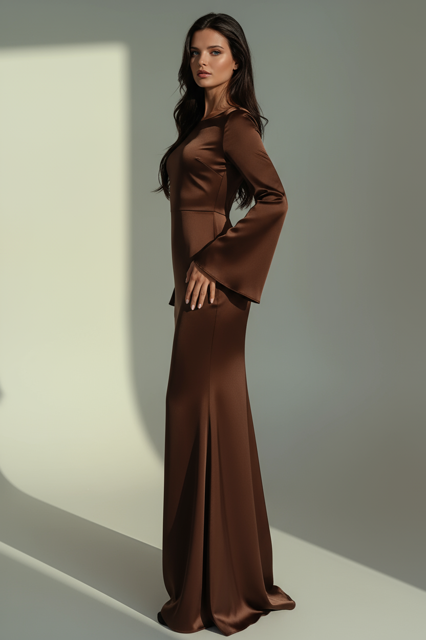 Satin Maxi Dress | Long Sleeve Fitted Evening Gown