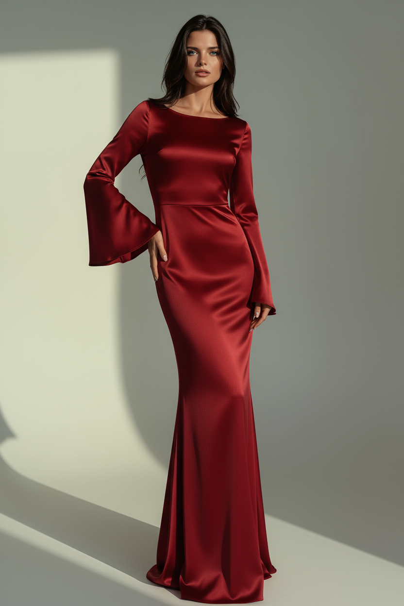Satin Maxi Dress | Long Sleeve Fitted Evening Gown