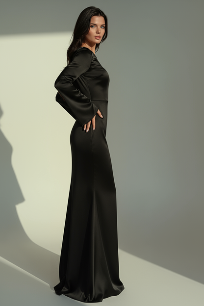 Satin Maxi Dress | Long Sleeve Fitted Evening Gown
