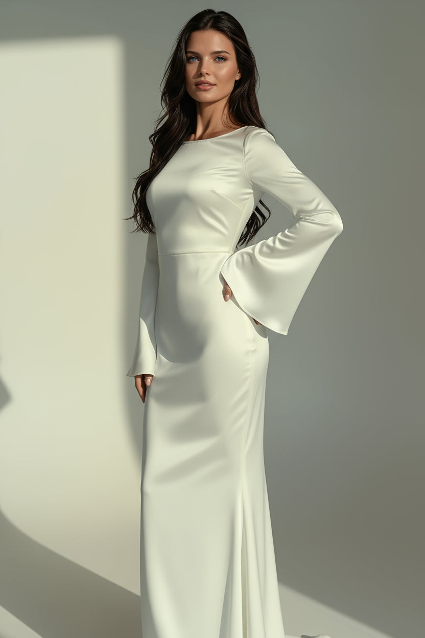 Women's satin maxi dress with long sleeves and flared cuffs